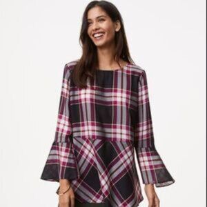 Ann Taylor LOFT Tartan Plaid Top Sz M Peplum Bell Sleeve Tie Back Preppy Boho